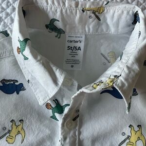 Carter's White Cotton Button-Up Shirt with Sports Dinosaur Print